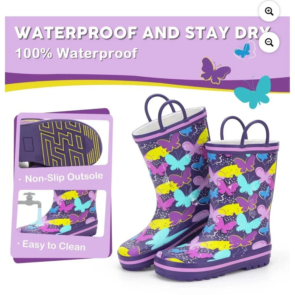 Toddler Rubber Rain Boots Kids Waterproof Boots for Girl Sz 3 Butterfly